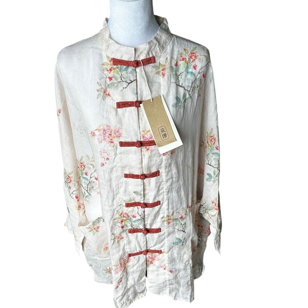 NWT Wēi Shān Linen Chinese Tang Suit Blouse Floral Frog Closure Jacket Cream